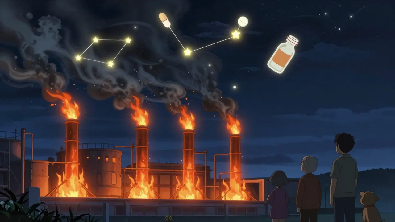 Pharmaceutical waste being incinerated with glowing particles forming stars above.