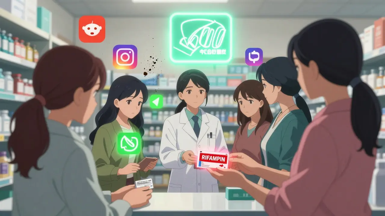 Pharmacist handing out pills; only one label glows red as misinformation fades away.