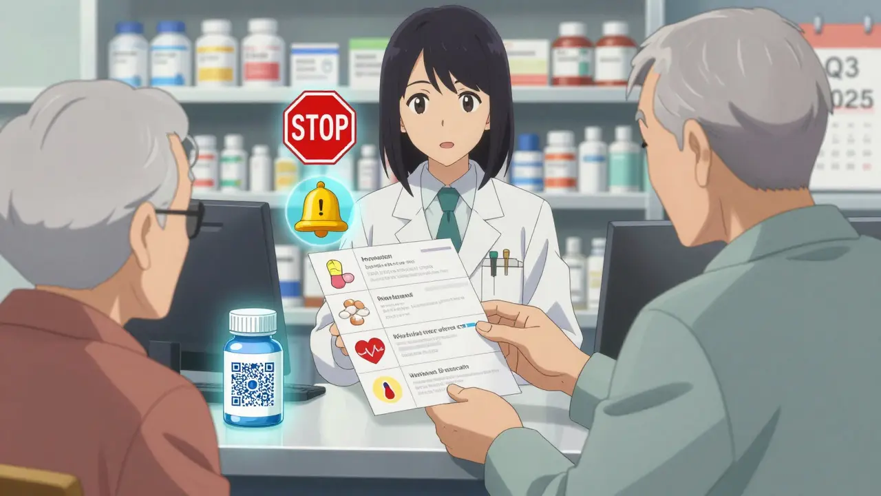Pharmacist helping elderly patient review medication list with animated warning icons above each pill.