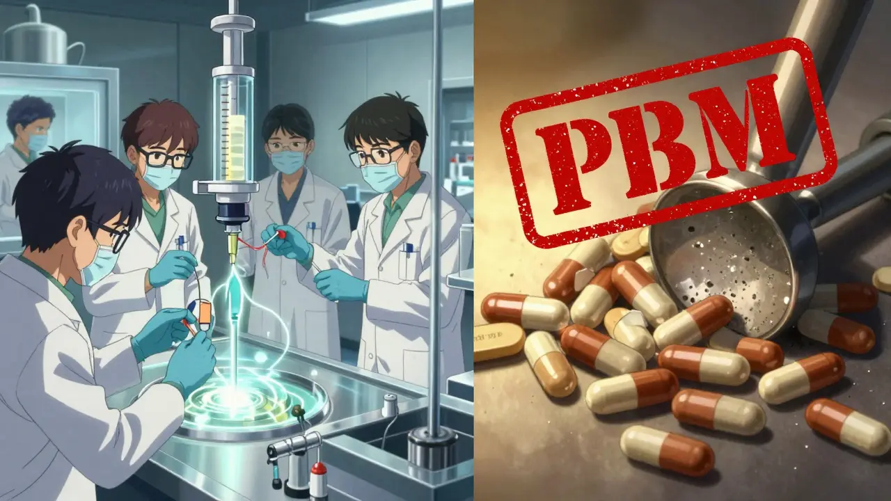 Scientists crafting a complex injectable drug while cheap pills are crushed under a rebate stamp.