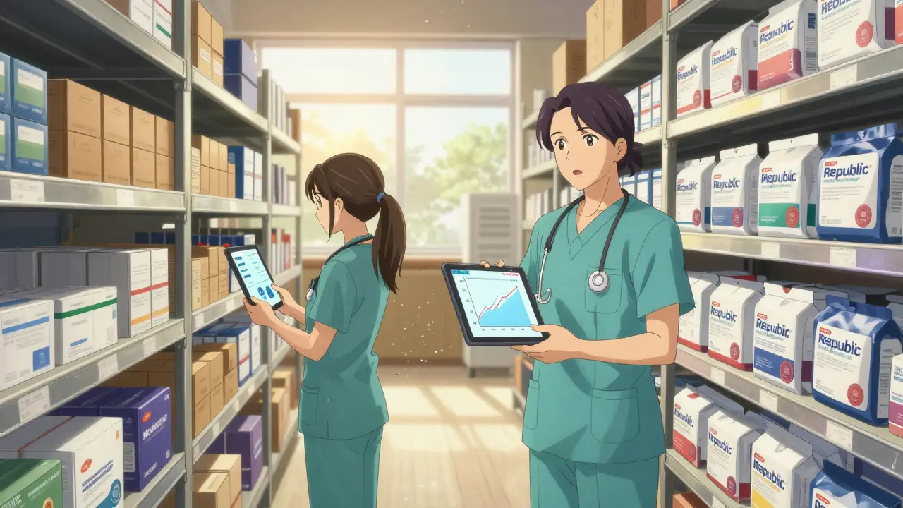 Side-by-side warehouse shelves showing expensive vs. discounted generic drug packaging with a clinic owner viewing savings data.