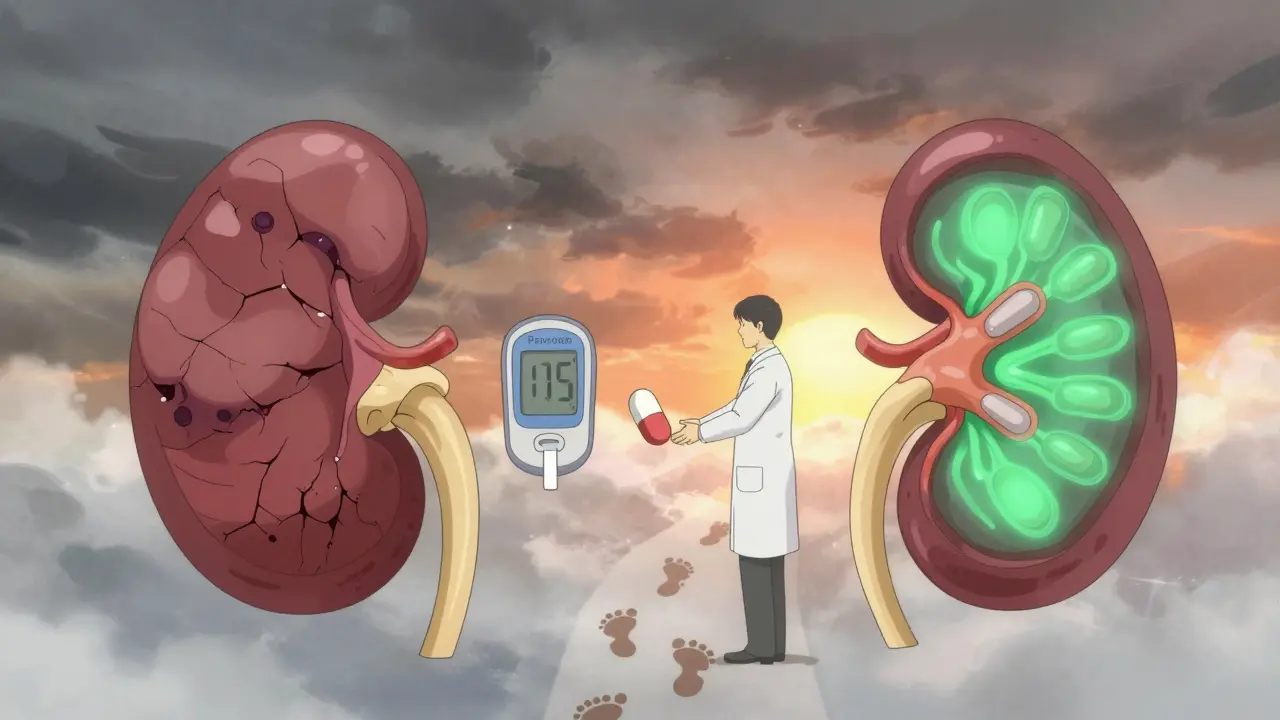 Split image of a damaged kidney transforming into a healthy one, symbolizing recovery through treatment.