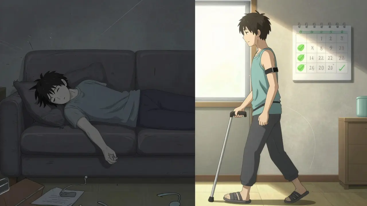Split image: person exhausted during flare vs. person walking with cane, marked progress on calendar.