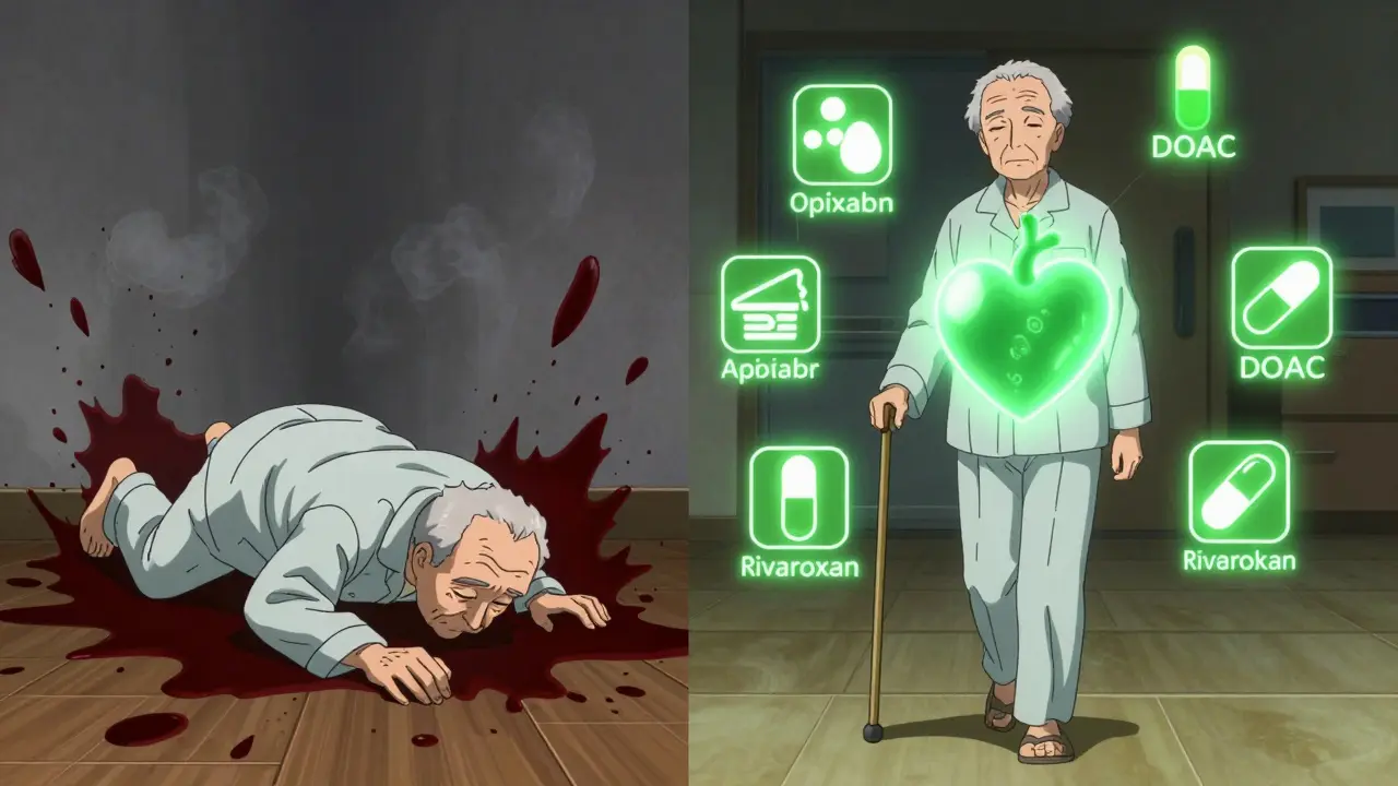Split image: senior falling with blood vs. same senior walking safely with exercise icons and DOAC pills.