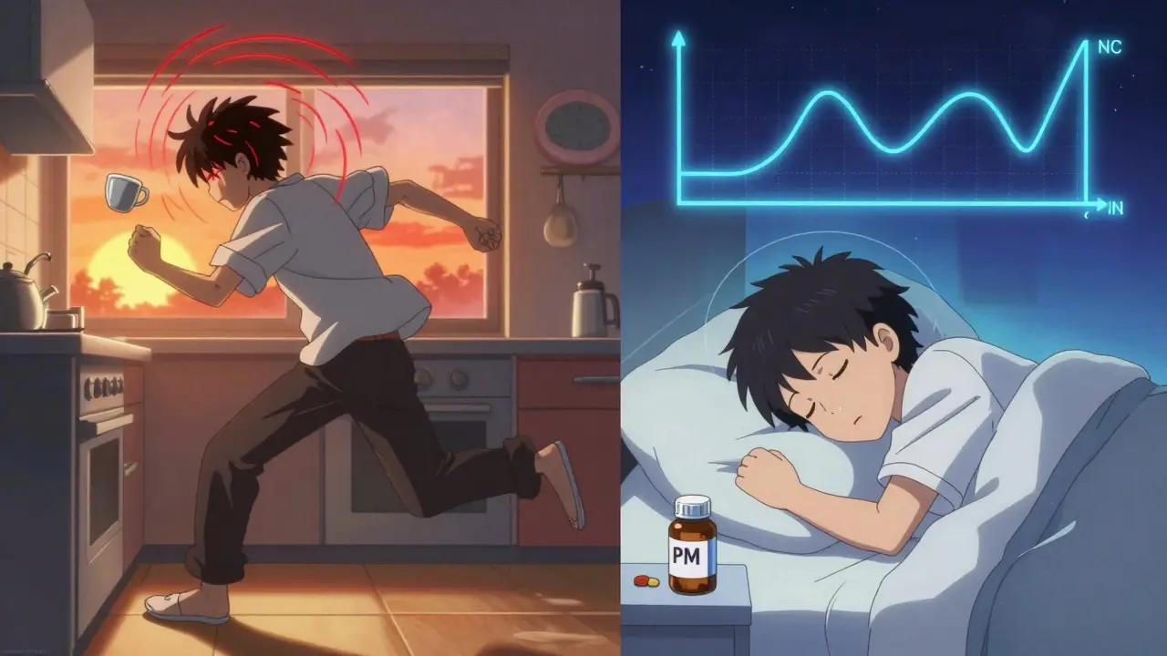 Split scene: one side shows a fall in the kitchen at sunrise, the other shows peaceful sleep with a nighttime pill bottle.