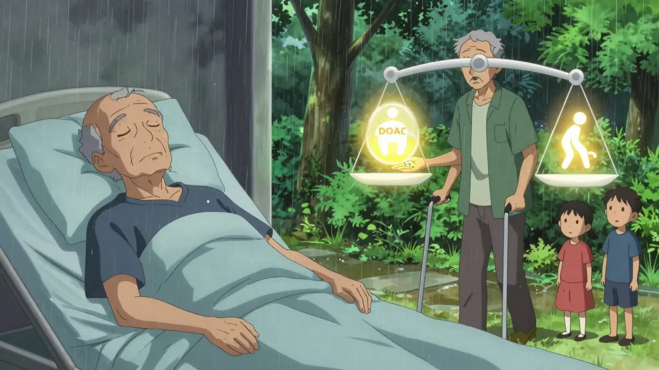 Split scene: one side shows a stroke victim in bed, the other shows the same person walking safely outdoors with a glowing blood thinner pill.