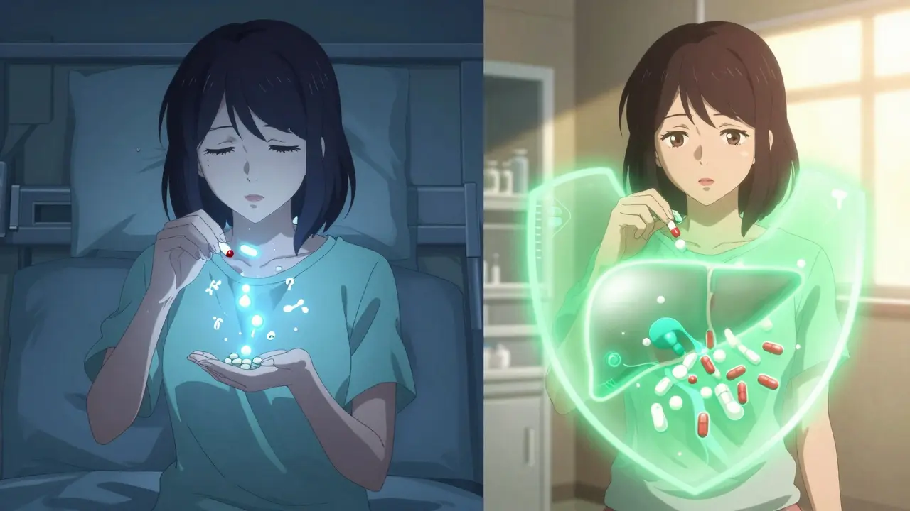 Split scene: rifampin breaking down hormones vs. birth control protected by light.