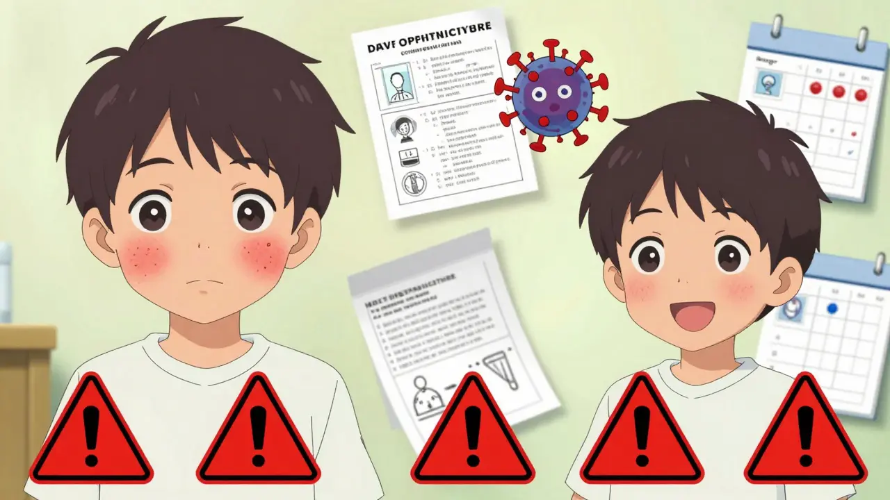Split-screen: child with rash after antibiotic vs. same child healthy with virus icon above head.