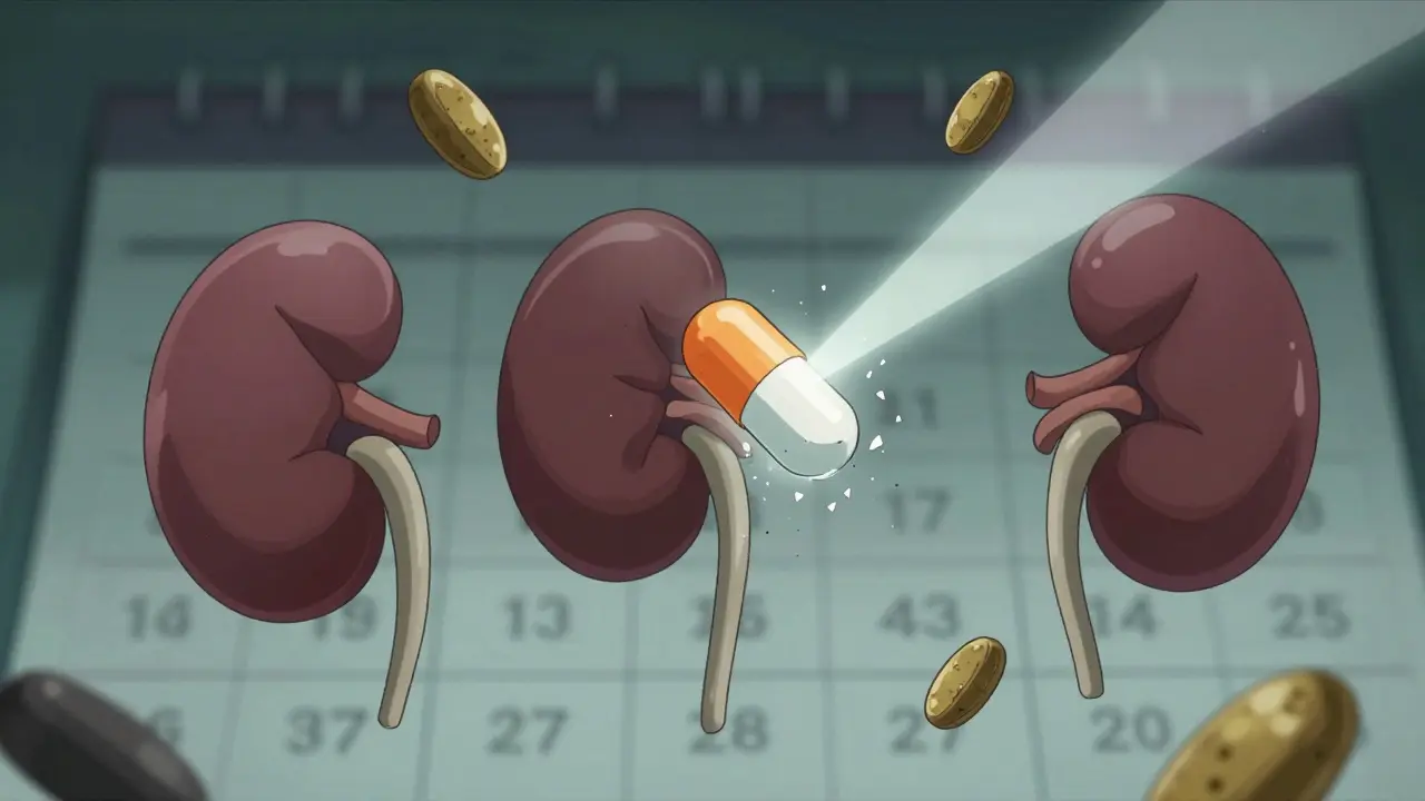 Three drug capsules emitting dark tendrils toward kidneys, one breaking with light.