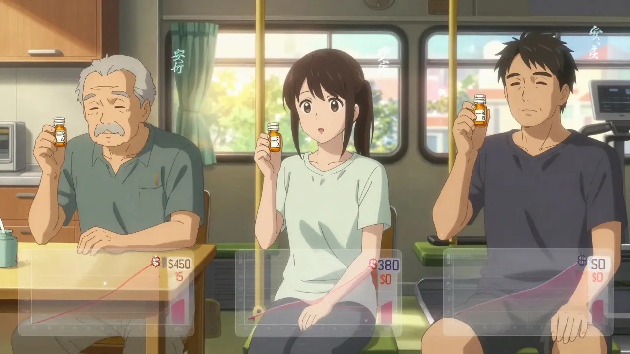 Three people holding shrinking pill price tags in daily life settings with health graphs floating nearby.