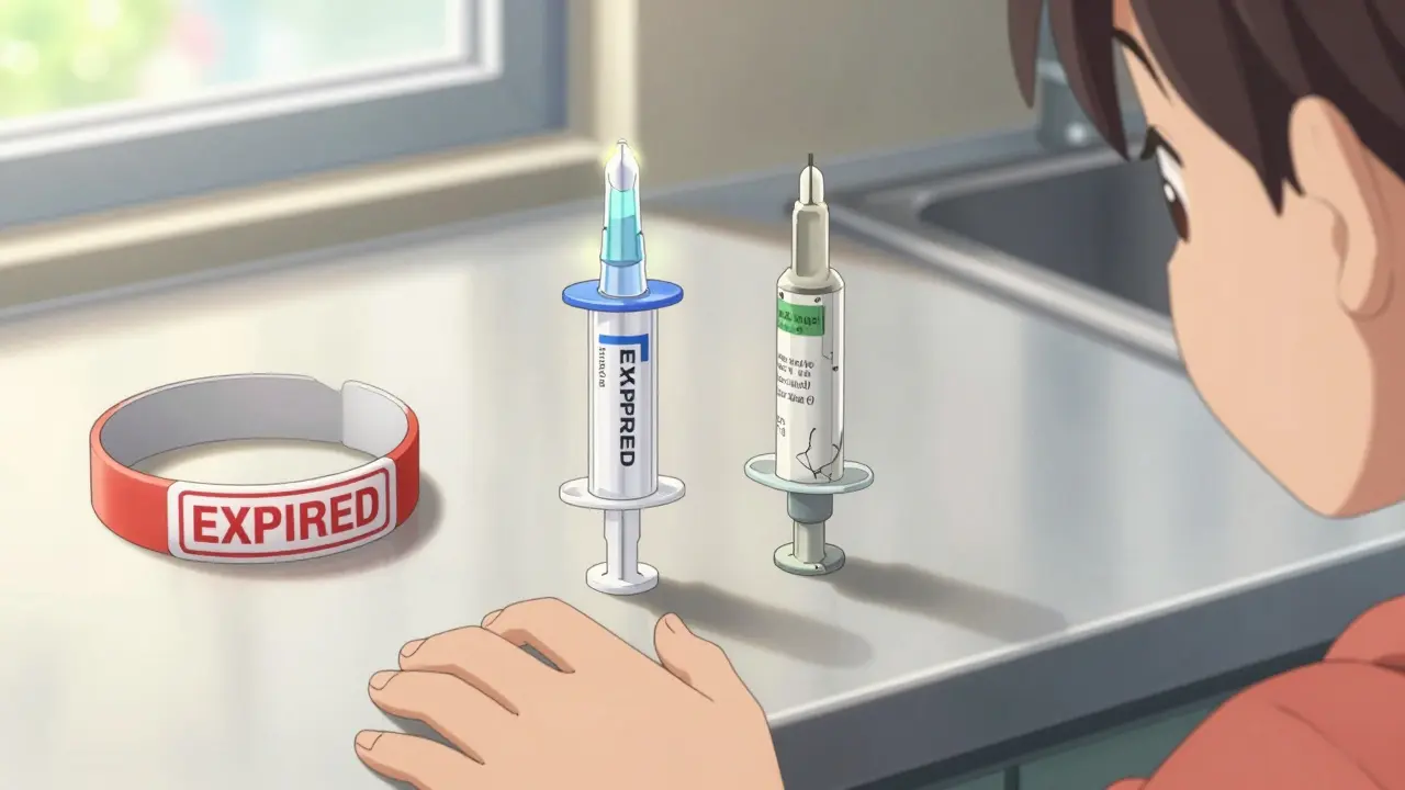 Two epinephrine auto-injectors on a counter—one fresh, one expired—with a medical alert bracelet nearby.