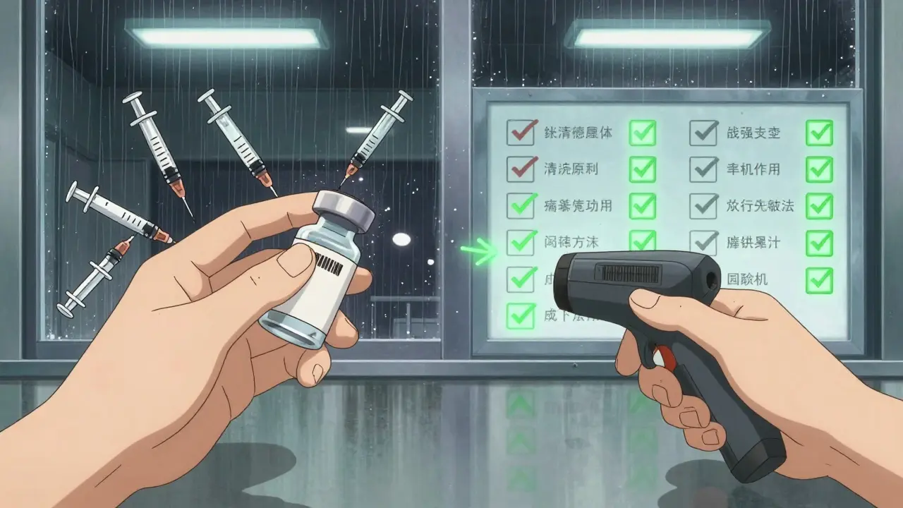Two hands scanning a medication vial, with split-screen showing correct vs. incorrect labeling in a hospital setting.