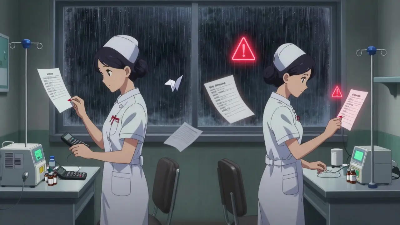 Two nurses independently checking IV pump settings and insulin doses in a quiet medication room.