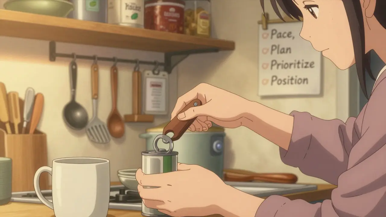 Woman using adaptive kitchen tools to prepare food, voice-activated speaker visible on counter.