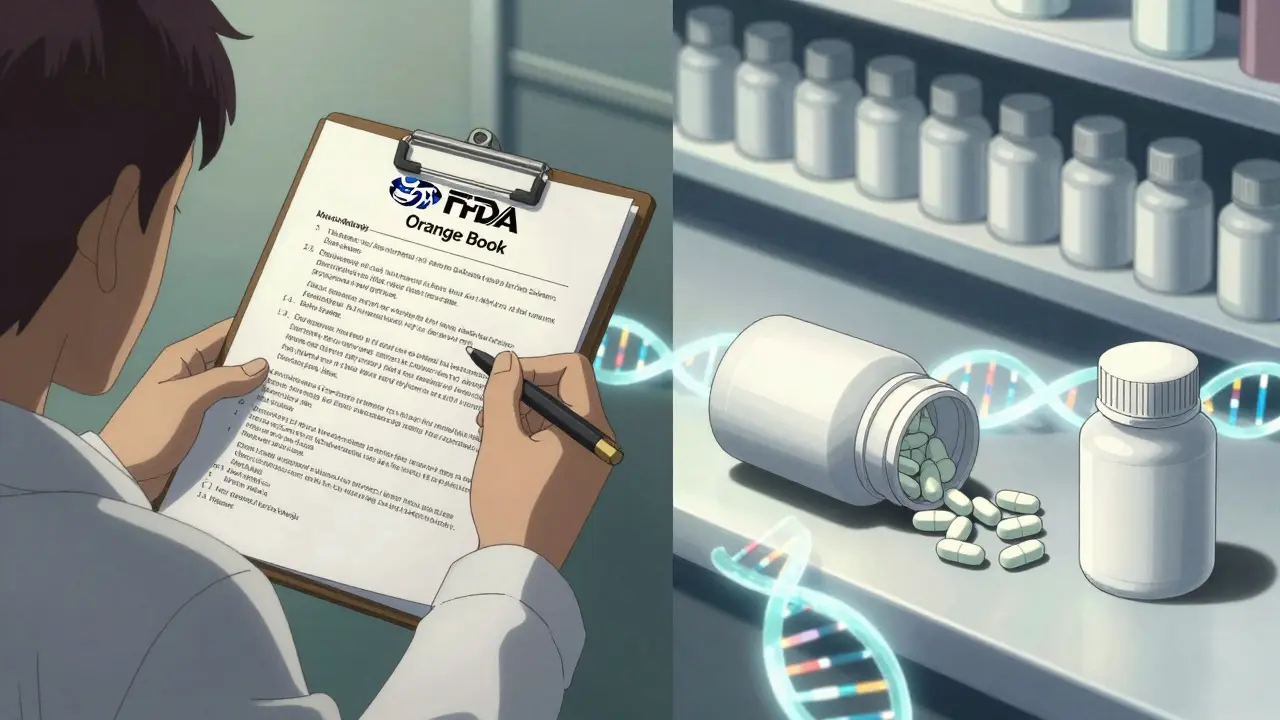 A doctor reviewing FDA Orange Book guidelines while a pharmacist dispenses generic pills, connected by a DNA helix, emphasizing clinical accuracy.