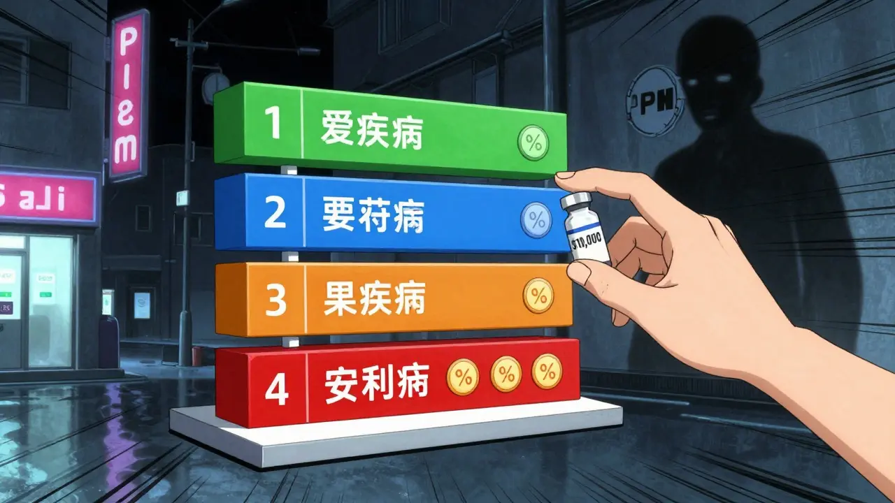 A floating medical chart showing four drug tiers, with expensive specialty drugs in red and cost percentages hovering nearby.