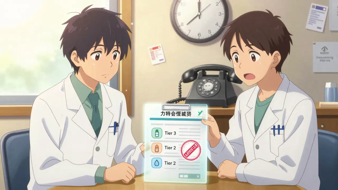 A patient and doctor reviewing a formulary, watching a drug move from high-cost to low-cost tier with a glowing approval stamp.