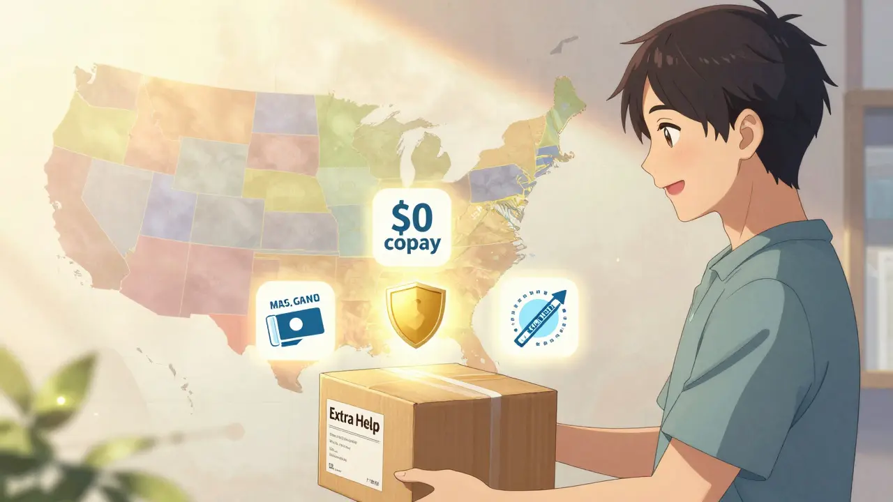 A patient receiving a mail-order package labeled 'Extra Help' with cost-saving icons glowing around them.