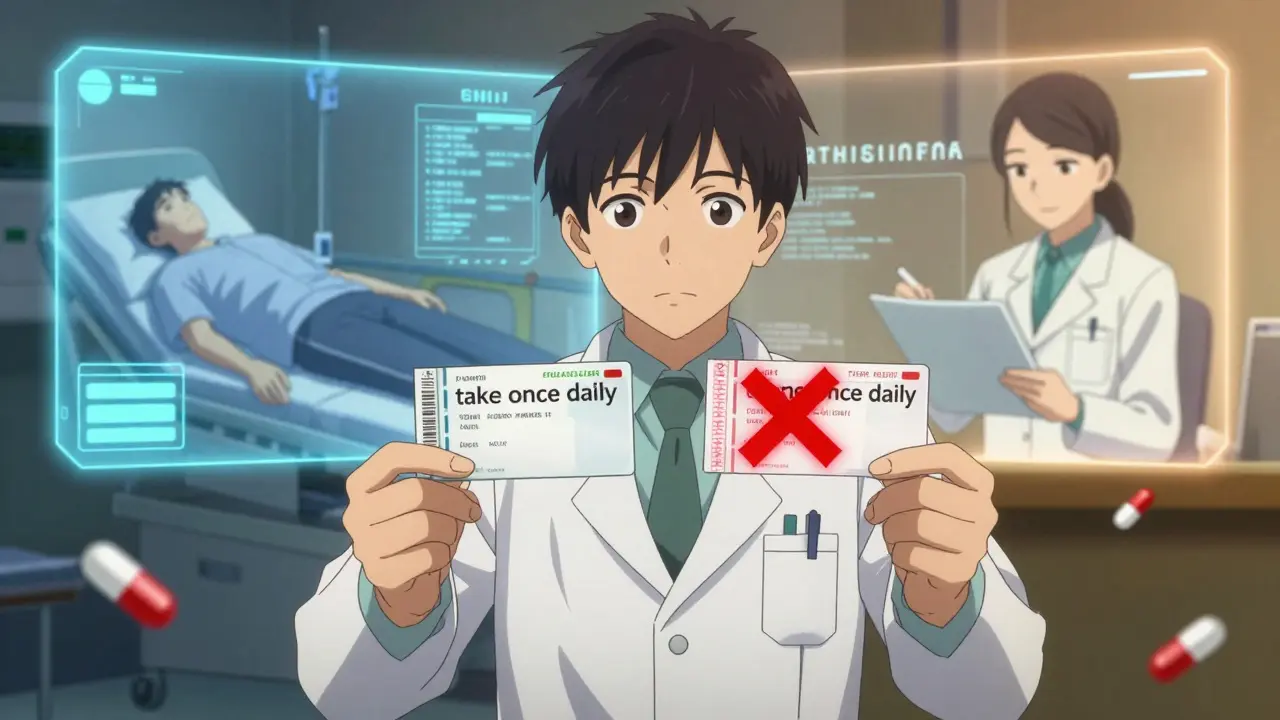 A pharmacist compares two prescription labels—one correct, one mistranslated—with holographic scenes of overdose and safe care behind them.