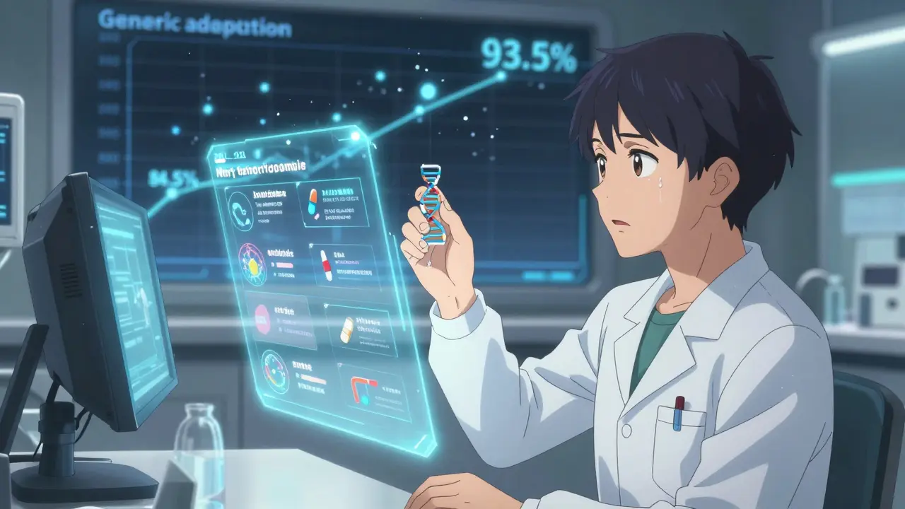 A worker’s DNA being analyzed in a lab, with holographic generic drug matches projected, symbolizing personalized medicine and future healthcare innovation.