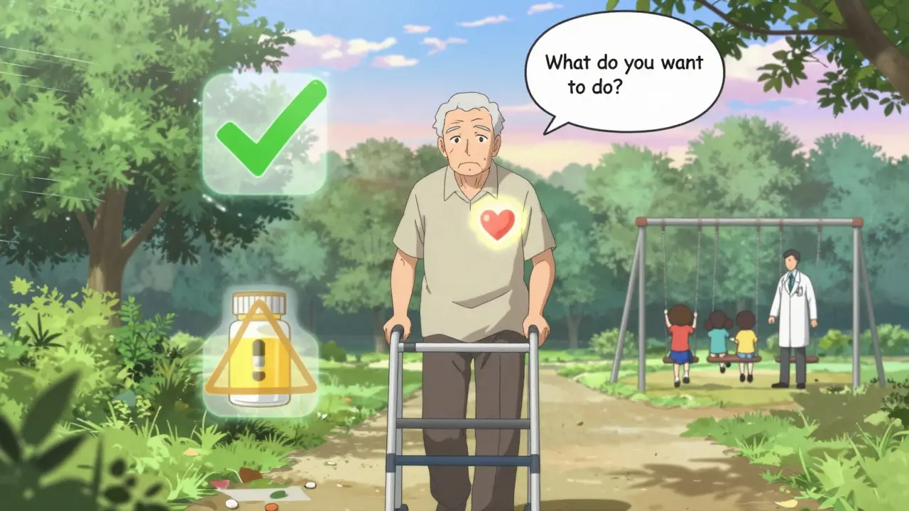 An older man walking with a walker through a park, floating icons showing therapy and safety, as he watches children play.
