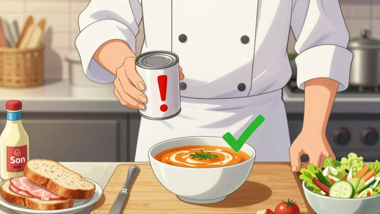 Chef preparing meals with high and low sodium food alternatives, warning symbols and checkmarks visible