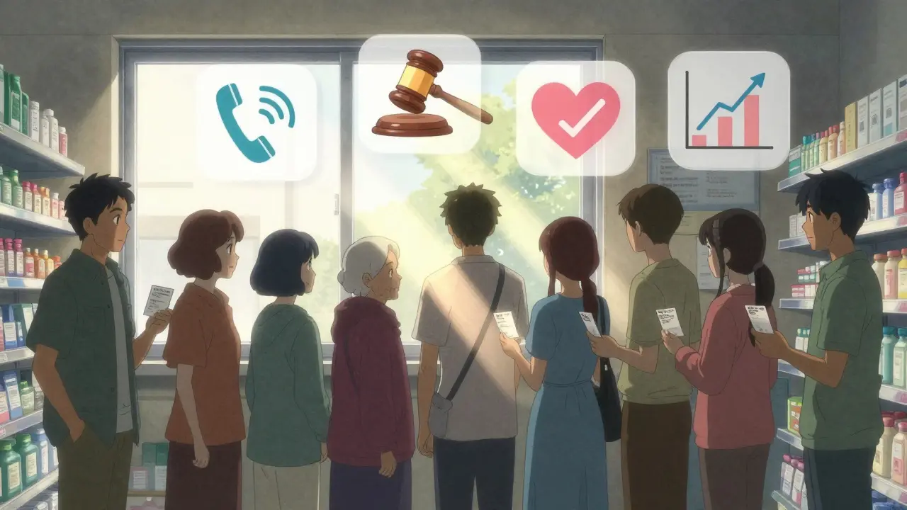 Diverse patients hold mistranslated labels in a pharmacy, while glowing symbols of help—phone, law, heart—float above them in sunlight.