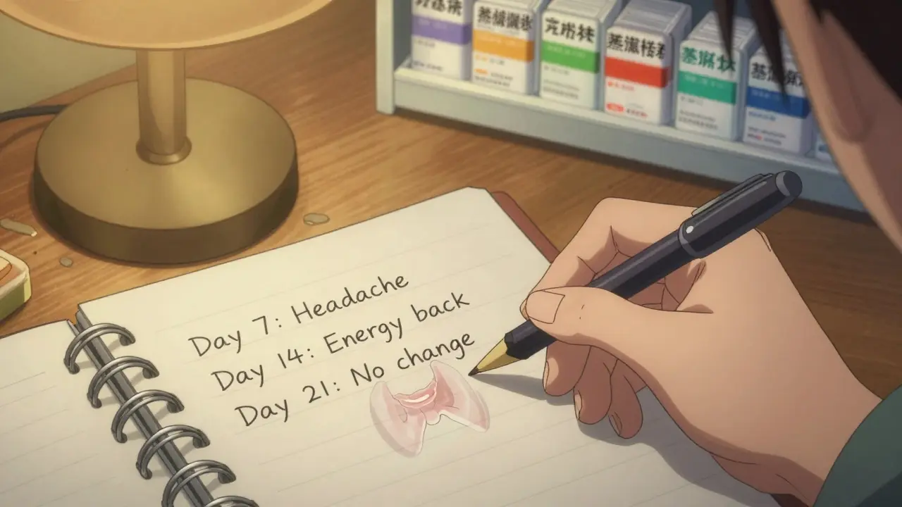 Hand writing symptom tracker entries with a glowing thyroid overlay showing TSH levels.