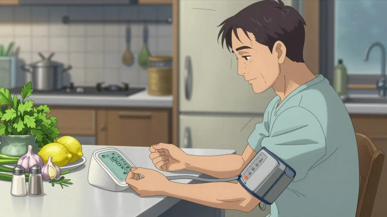 Man checking blood pressure readings improving over seven days with fresh herbs replacing salt