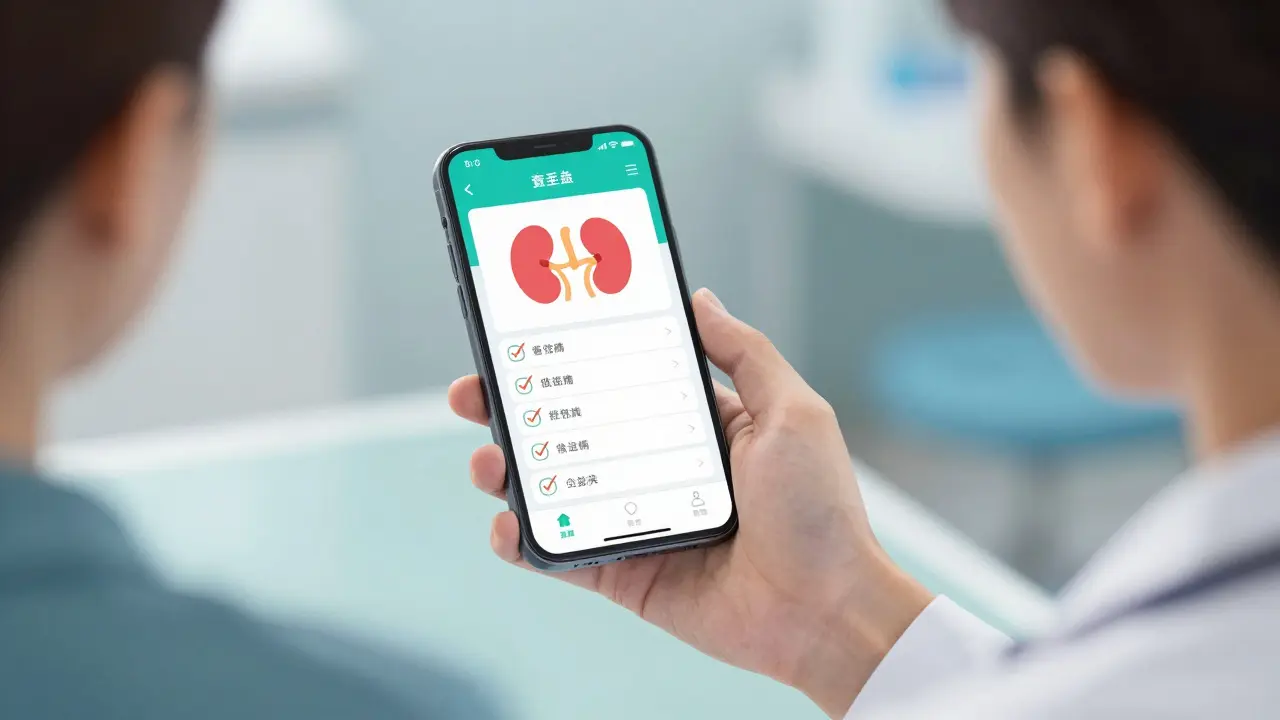 Patient and doctor reviewing medication safety on smartphone app.