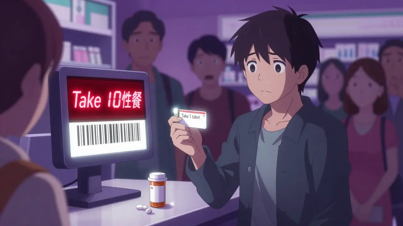 Patient at pharmacy counter shocked by mismatched dosage instructions on label and digital display.
