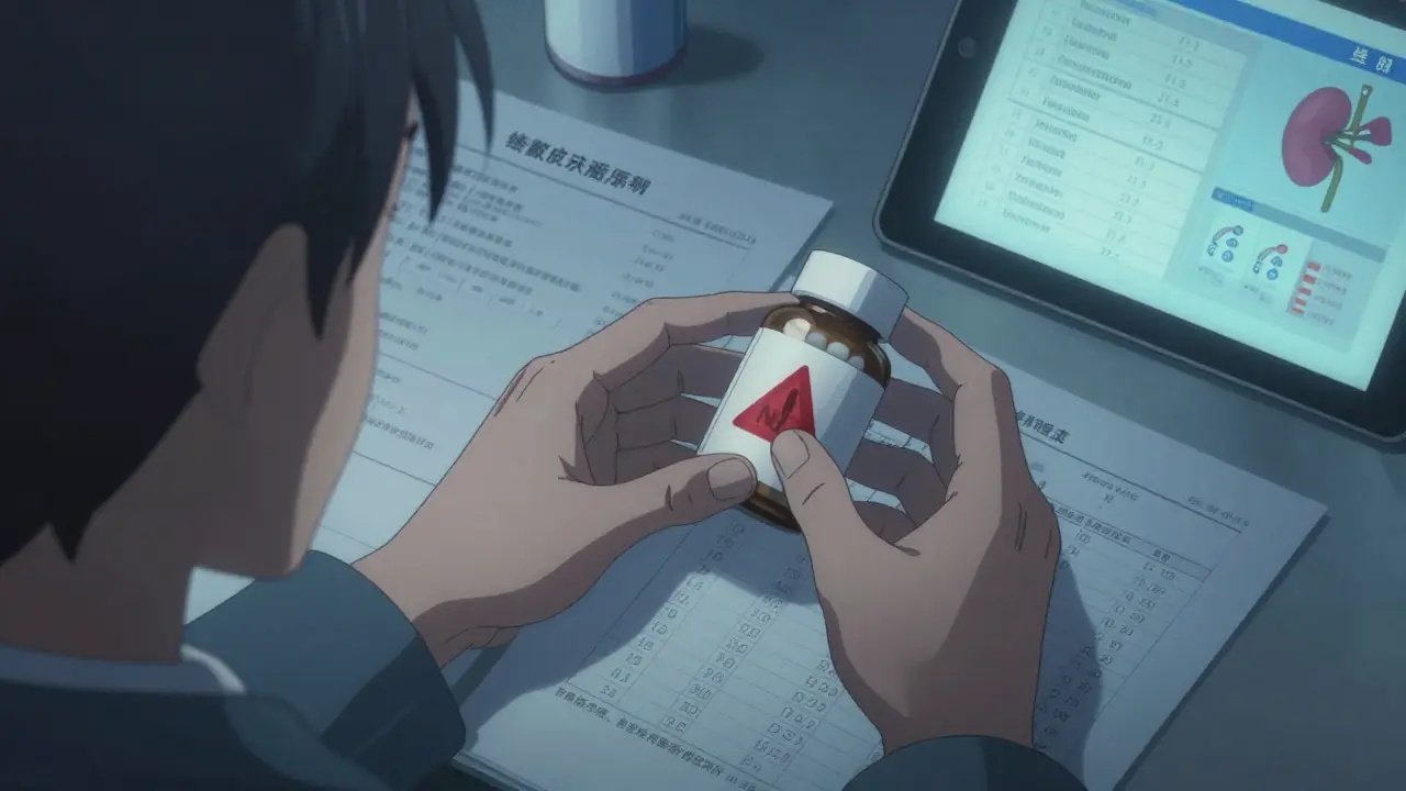 Person examining medication bottles with warning symbols for high-risk drugs.