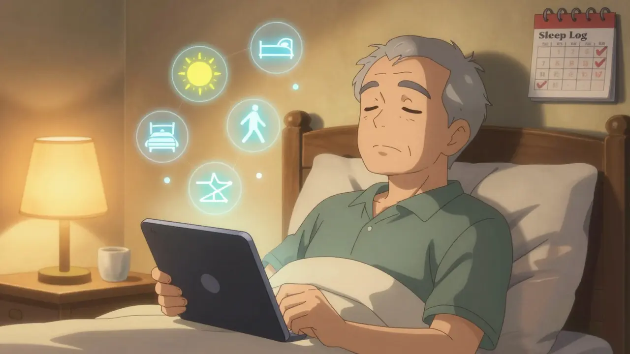 Senior man practicing sleep therapy on a tablet, surrounded by calming sleep hygiene icons.