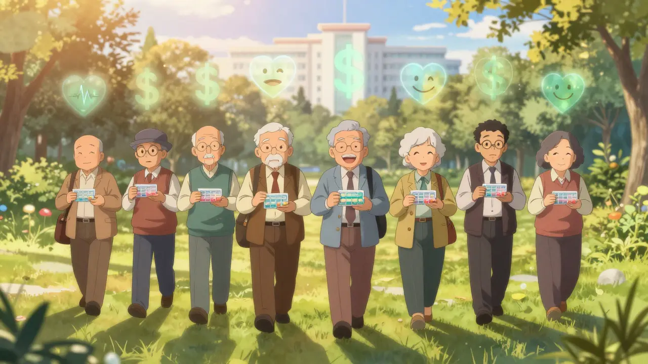 Seniors walking in a park with dollar signs transforming into heartbeats and smiling faces.