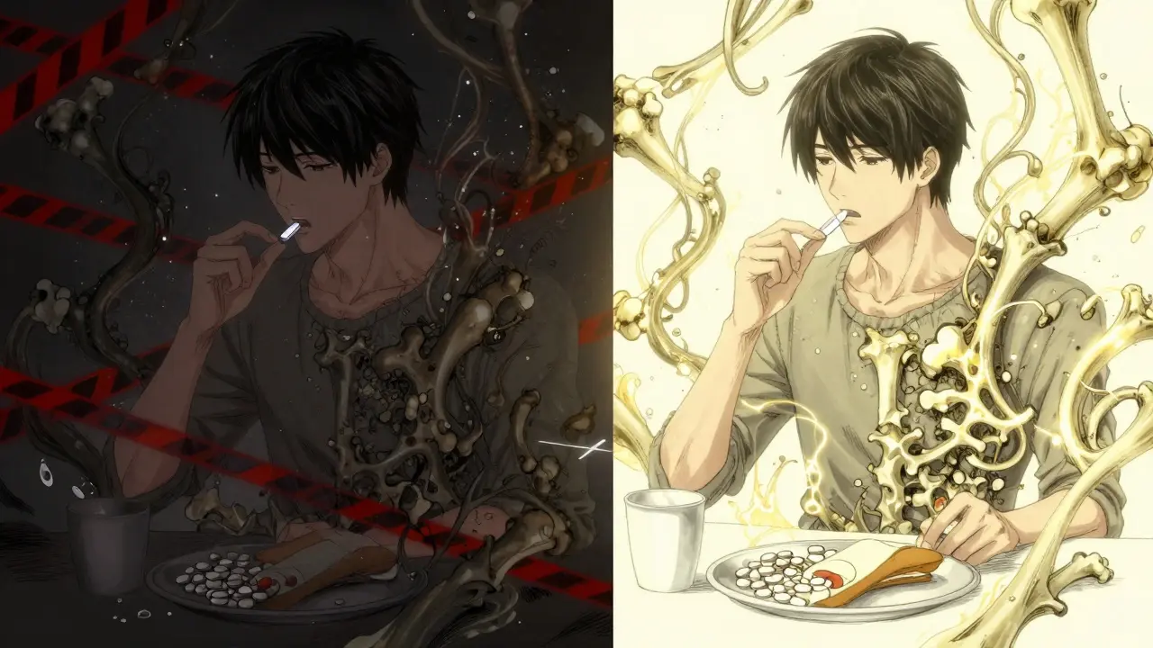 Split scene: corrupted bones vs. healthy regenerating bones, showing correct vs. incorrect calcium timing.