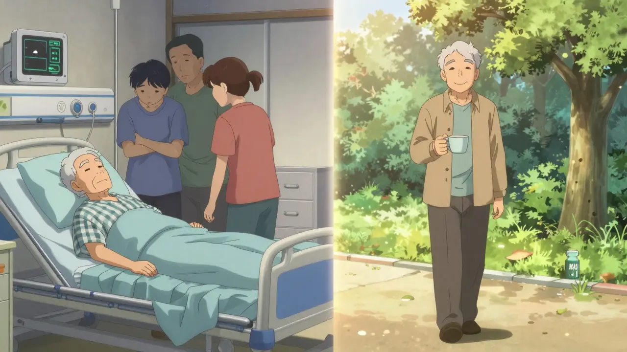 Split scene: elderly person after a fall vs. same person walking peacefully at dawn.