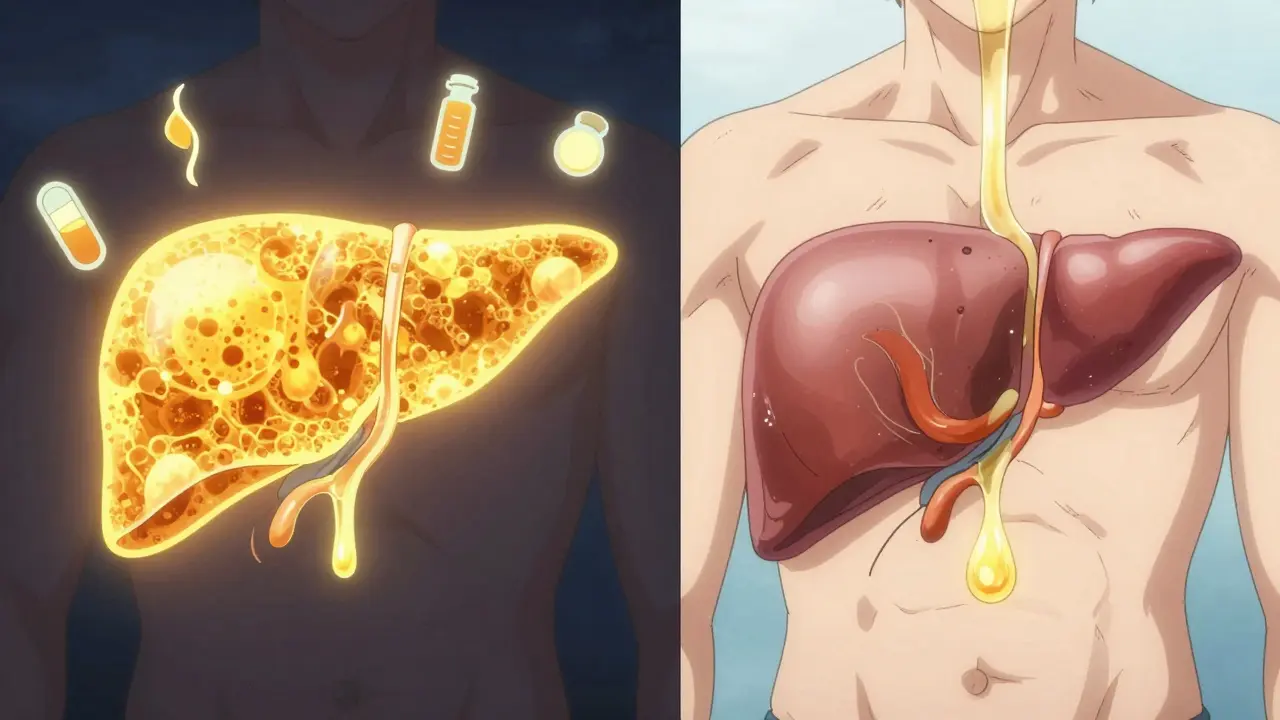 Split-screen of a liver releasing unbalanced glucose versus a healthy pancreas releasing insulin to regulate it during early morning hours.