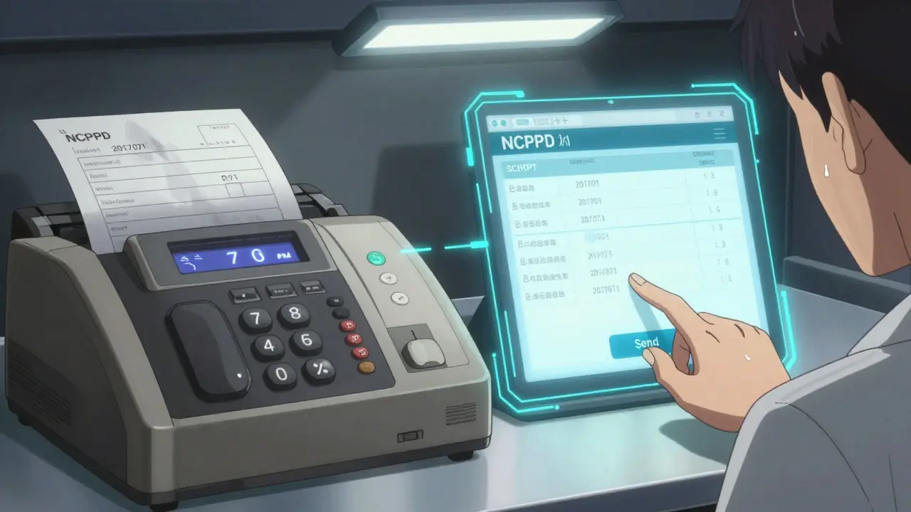 Split-screen scene: outdated fax transfer vs. modern electronic prescription transfer with glowing data streams.