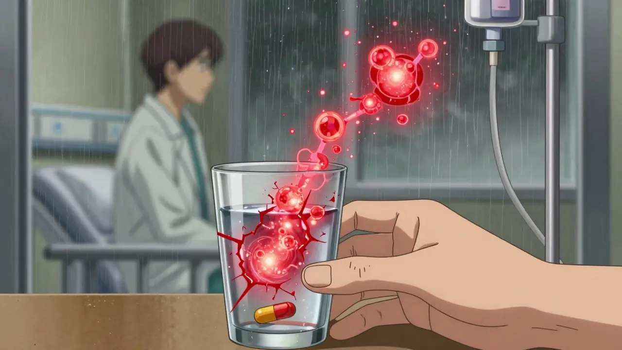 Turmeric capsule dissolving in water, with curcumin molecules threatening a chemotherapy IV drip.