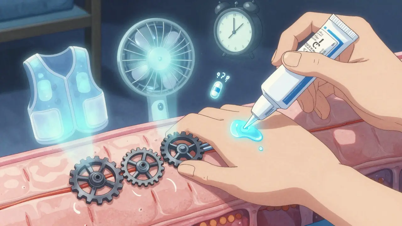 A close-up of antiperspirant being applied, with glowing gears sealing sweat ducts and cooling tools floating beside it.