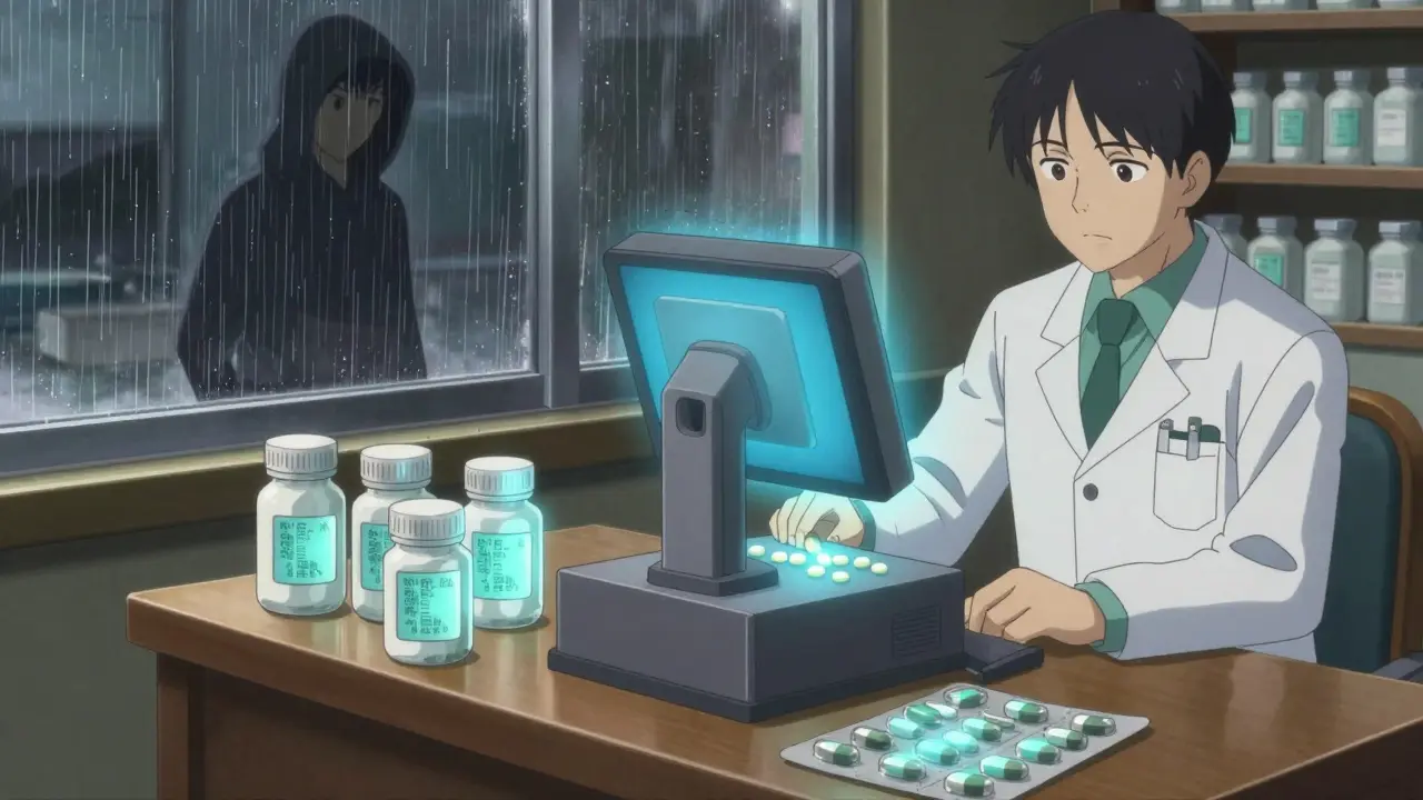 A counterfeit pill disintegrates in a scanner while authentic ones glow with verified signatures in a pharmacy.