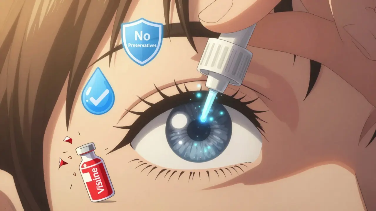 A hand applying a preservative-free eye drop with glowing tear particles rising from the eye.