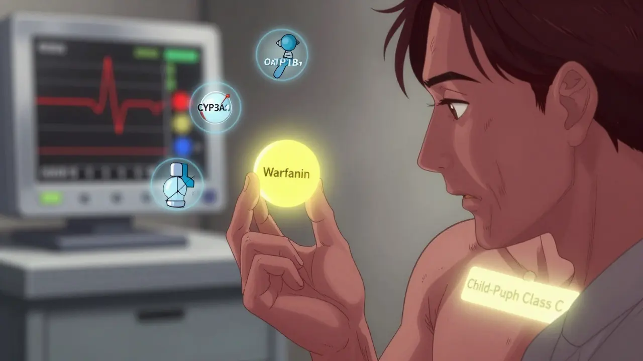 A pharmacist handing a pill to a patient with a glowing liver score, while enzymes dim around them.