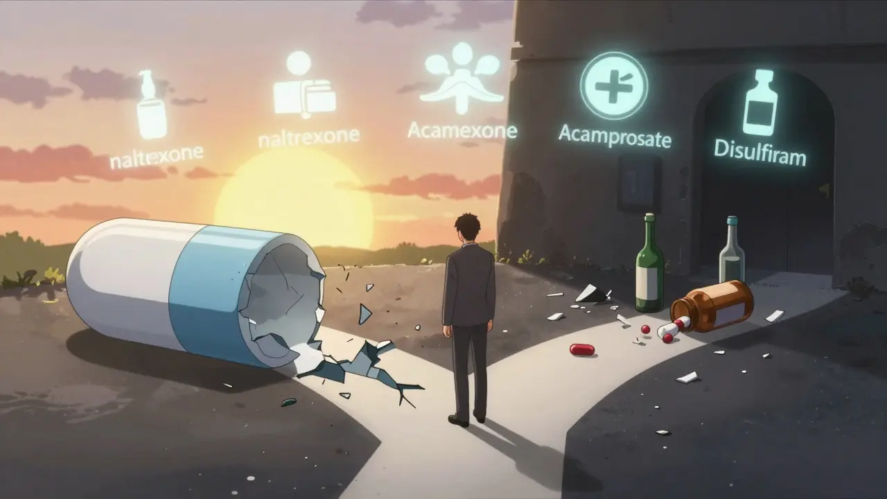 A pill cracking open to reveal a person at a crossroads between recovery and relapse, with medication icons floating nearby.
