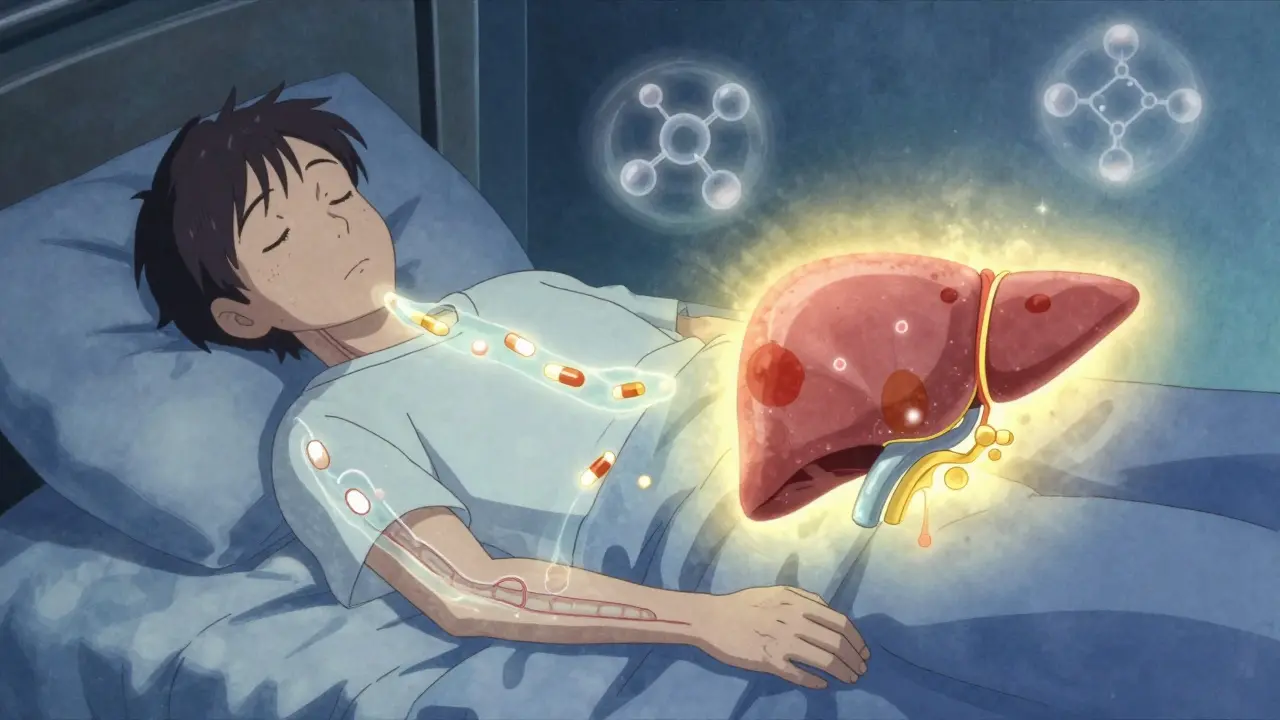 A prodrug floating unused in the bloodstream as the liver fails to activate it, beside a functioning one.