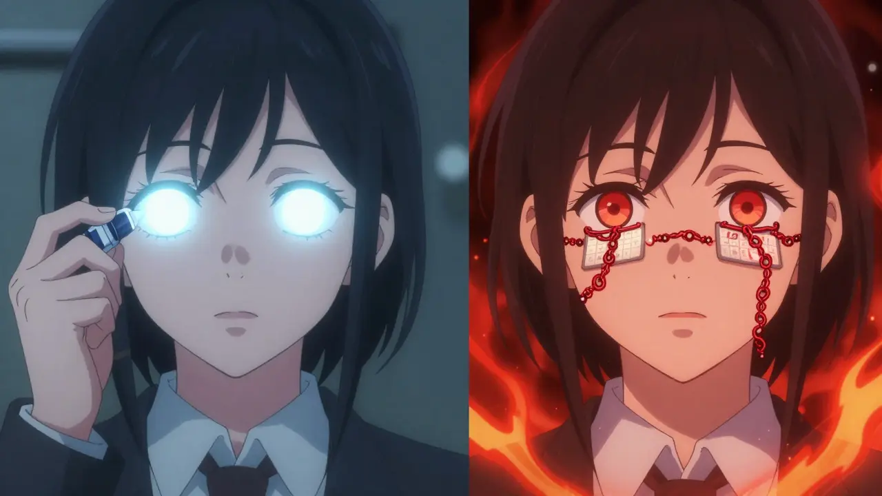 A split scene showing eye whitening with Lumify versus rebound redness after two weeks of use.