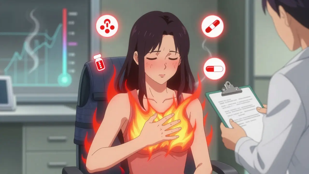 A woman experiences a hot flash in a doctor’s office, heat waves radiating around her as medication icons float nearby.