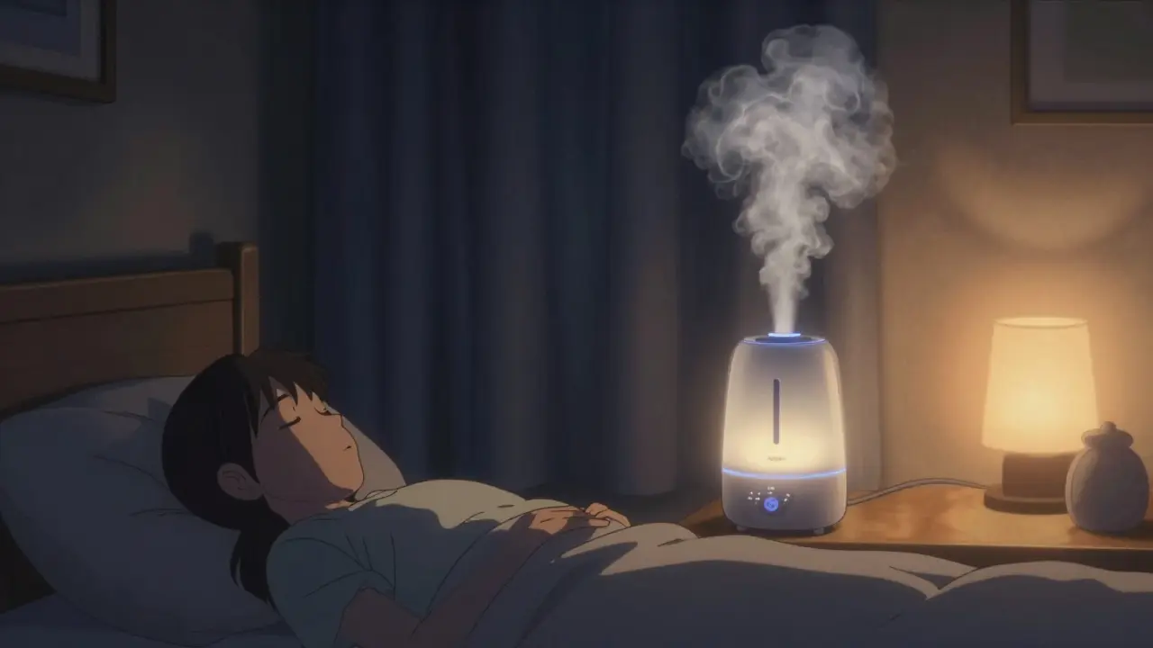 Bedroom night scene with humidifier emitting white mist.