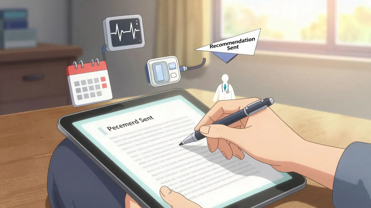 Hand delivering a medication review summary with health icons and a follow-up calendar in a hopeful sunrise setting.