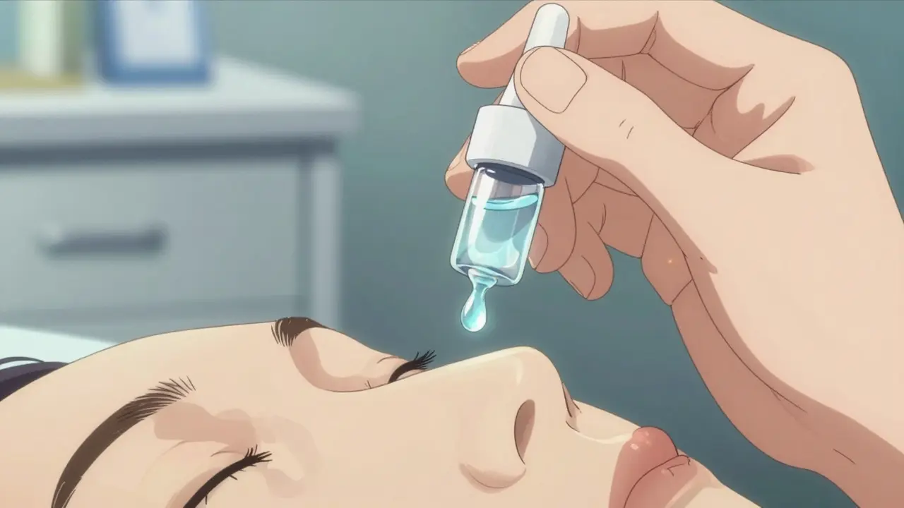 Hand holding eye drop bottle over open eye close-up.